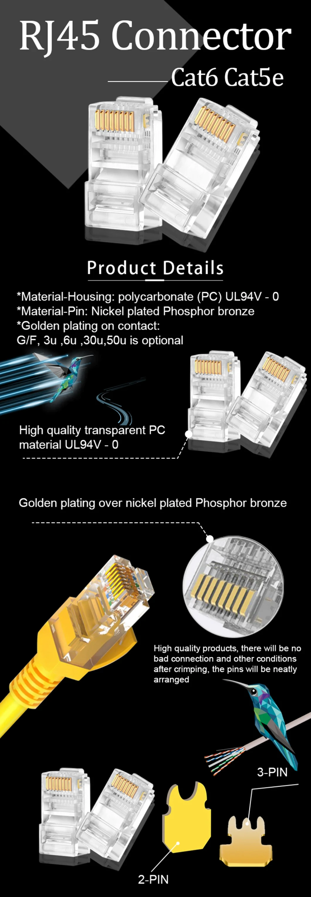 Gcabling 8p8c RJ45 CAT6 CAT6A Cat5e Network Plug UTP CAT6 Ethernet Connection RJ45 Modular Plug